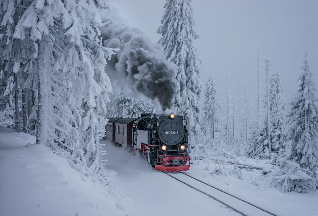 Harz narrow gauge railroad on the way to the Brocken in winter