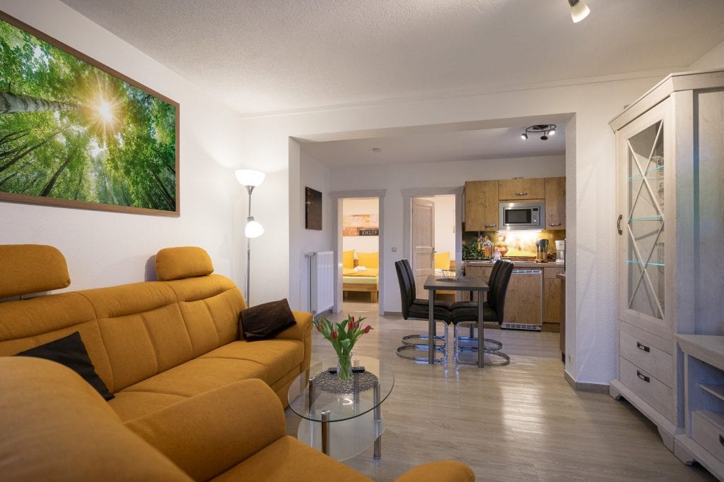 Gemütliches Wohnzimmer mit offener Küche.