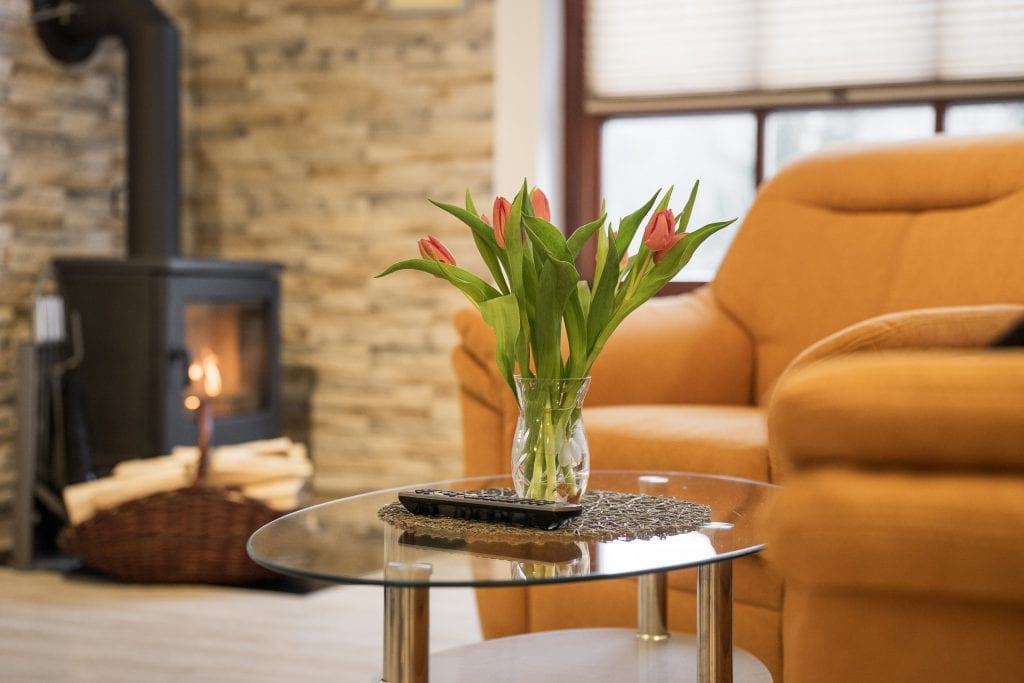 Gemütliches Wohnzimmer mit Kamin und Blumen.