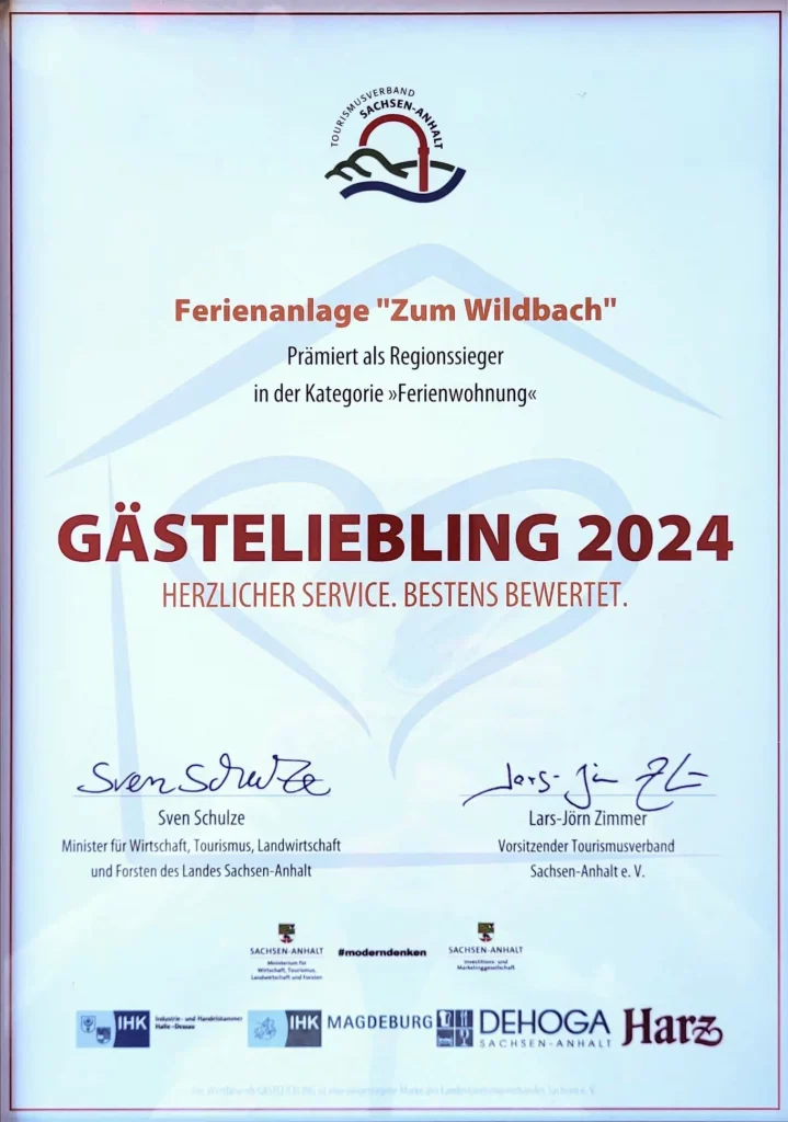 Certificaat voor Guest Favourite 2024, vakantiepark Zum Wildbach.