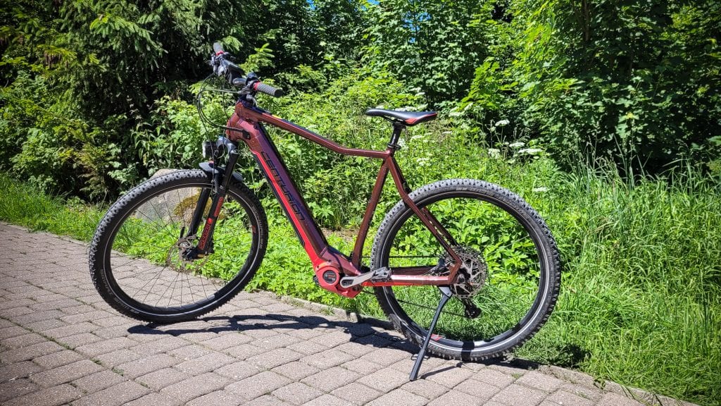 Rotes Fahrrad im Grünen auf gepflastertem Weg.