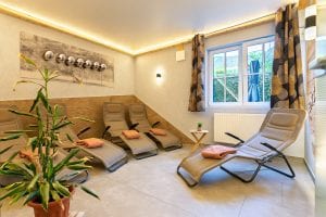 Gemütlicher Entspannungsraum mit Liegen und Pflanzen.
