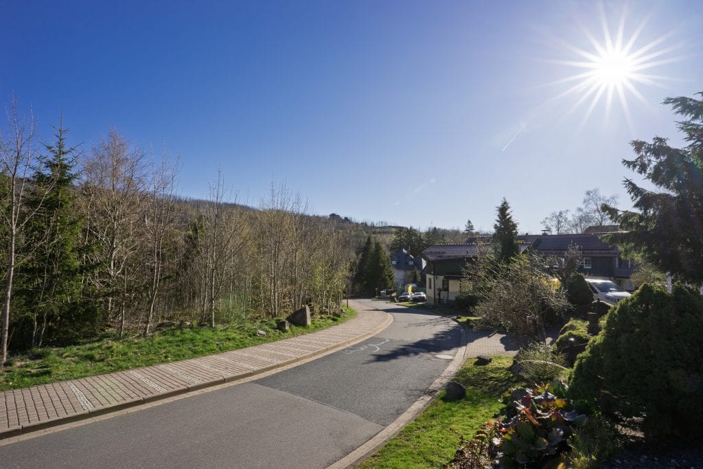 Sonnige Wohnstraße mit Bäumen und blauem Himmel
