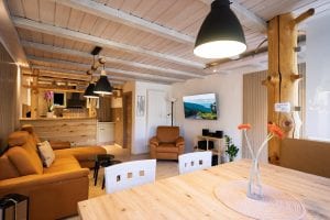 Gemütliches Wohnzimmer mit Holzdecke und offener Küche