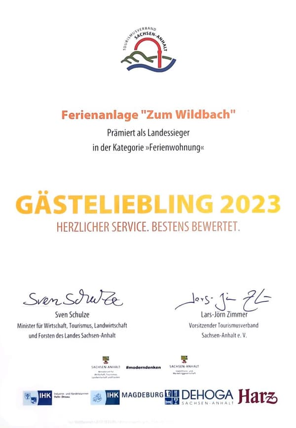 Auszeichnung Gästeliebling Sachsen-Anhalt Landessieger 2022