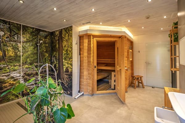 Moderne Sauna mit entspannendem Ambiente und Pflanzen
