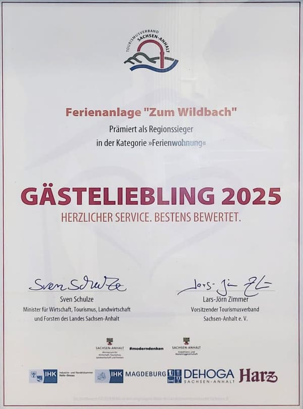 Preis für Ferienanlage 'Zum Wildbach' 2025 Regionalsieger Harz - Kategorie Ferienwohnung