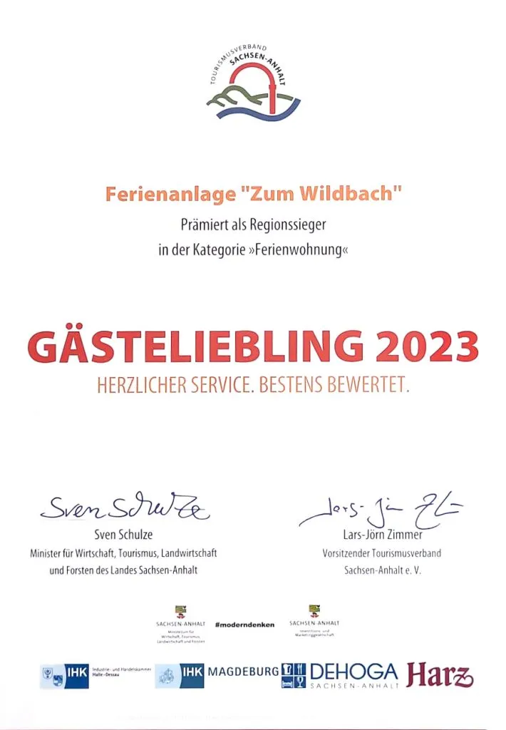 Auszeichnung Gästeliebling Region Harz 2023
