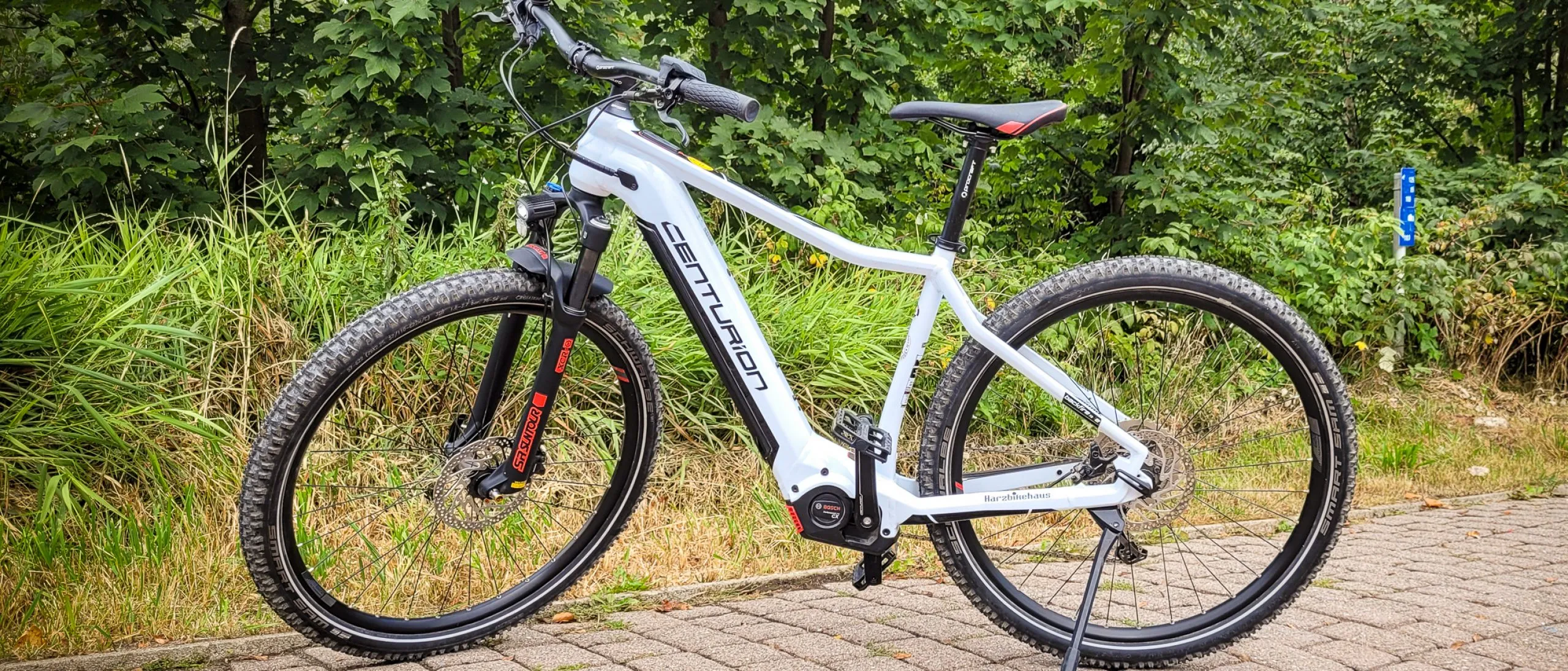Weißes Mountainbike auf gepflastertem Weg vor Bäumen.