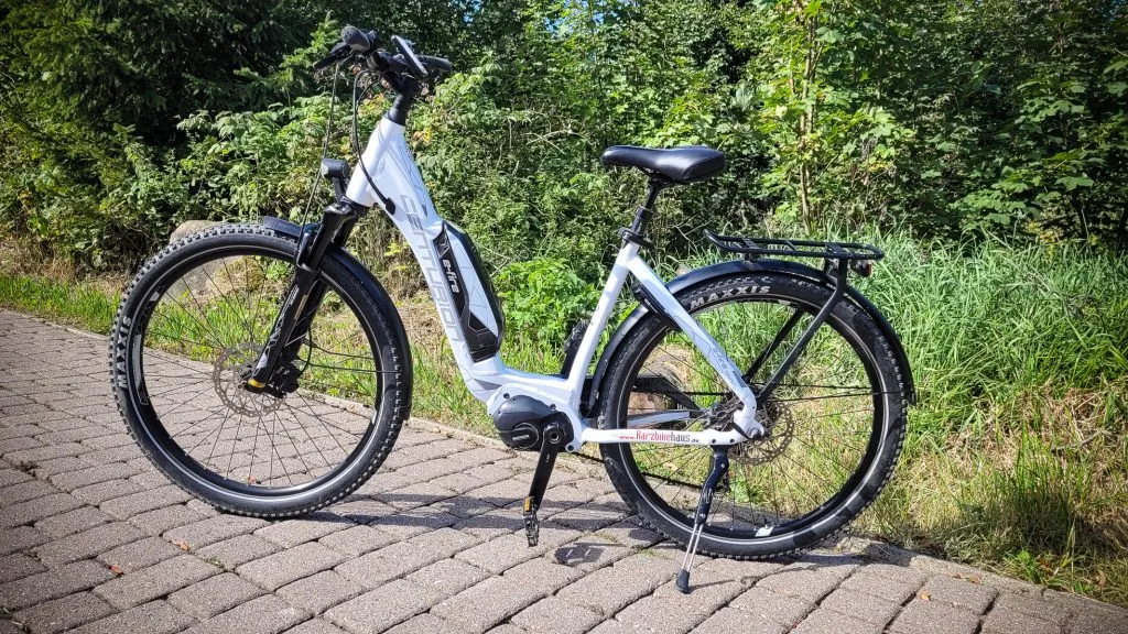 E-Bike auf gepflasterter Straße vor grünem Hintergrund.