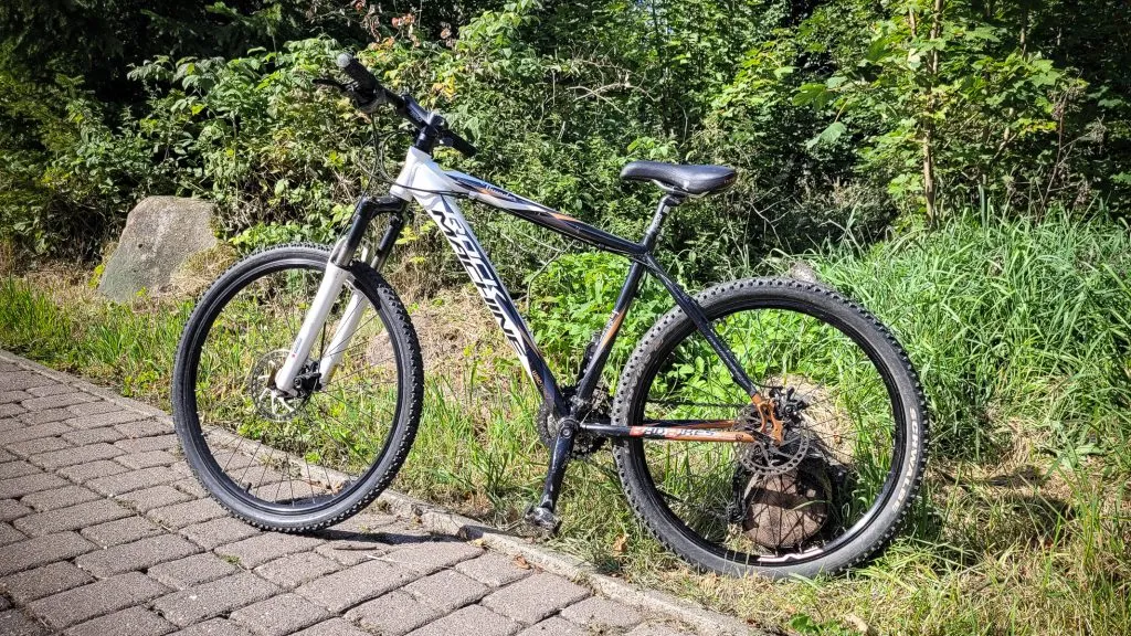 Mountainbike steht auf Gehweg, grüne Bäume im Hintergrund.