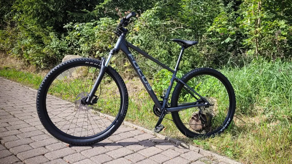 Mountainbike auf gepflastertem Weg neben Wald