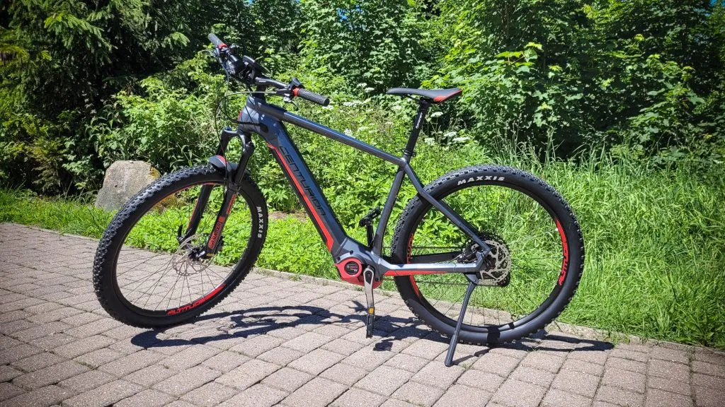 Mountainbike auf gepflastertem Weg im Grünen