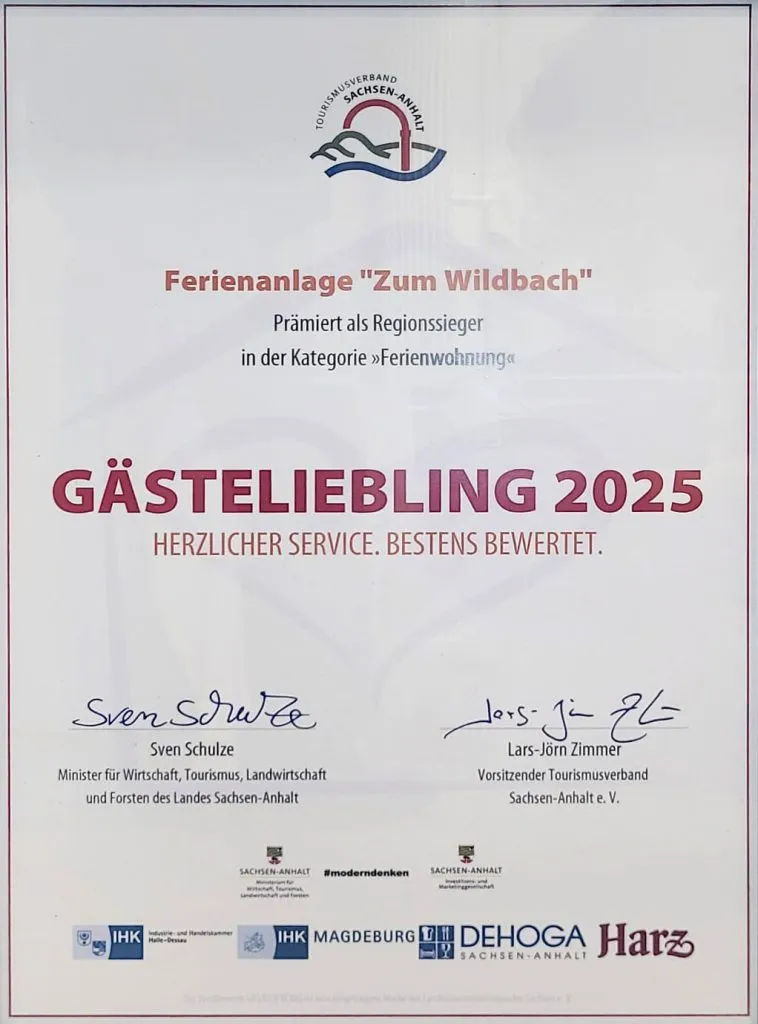 Preis für Ferienanlage 'Zum Wildbach' 2025 Regionalsieger Harz - Kategorie Ferienwohnung
