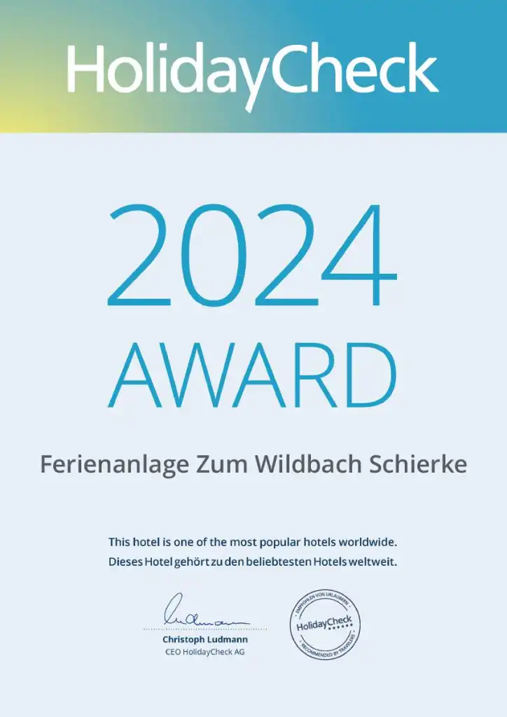 HolidayCheck Award 2024 for Schierke vacation resort.
