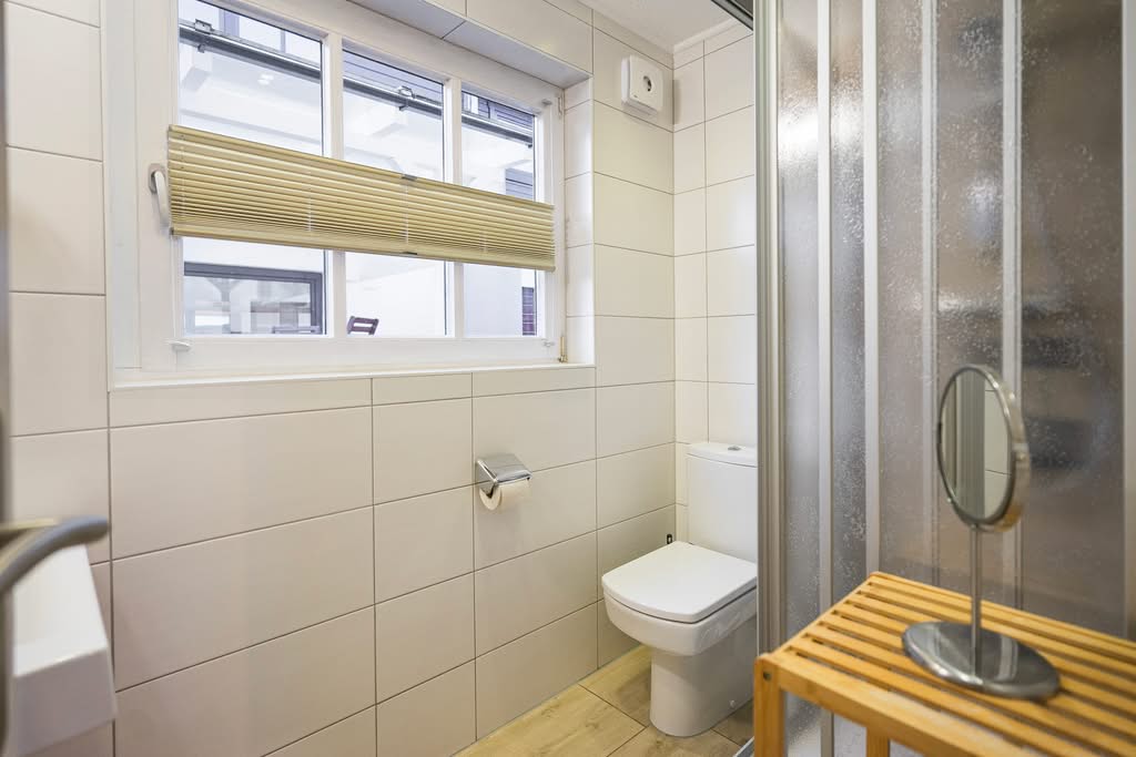 Lille badeværelse med bruser, toilet og vindue
