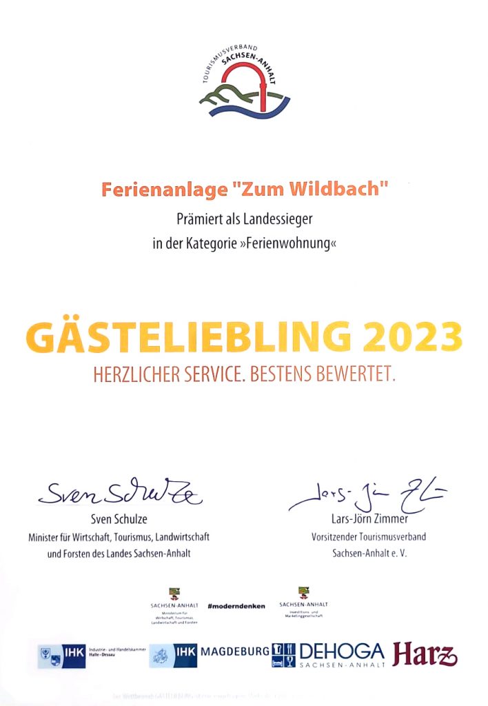 Auszeichnung Gästeliebling Sachsen-Anhalt Landessieger 2022