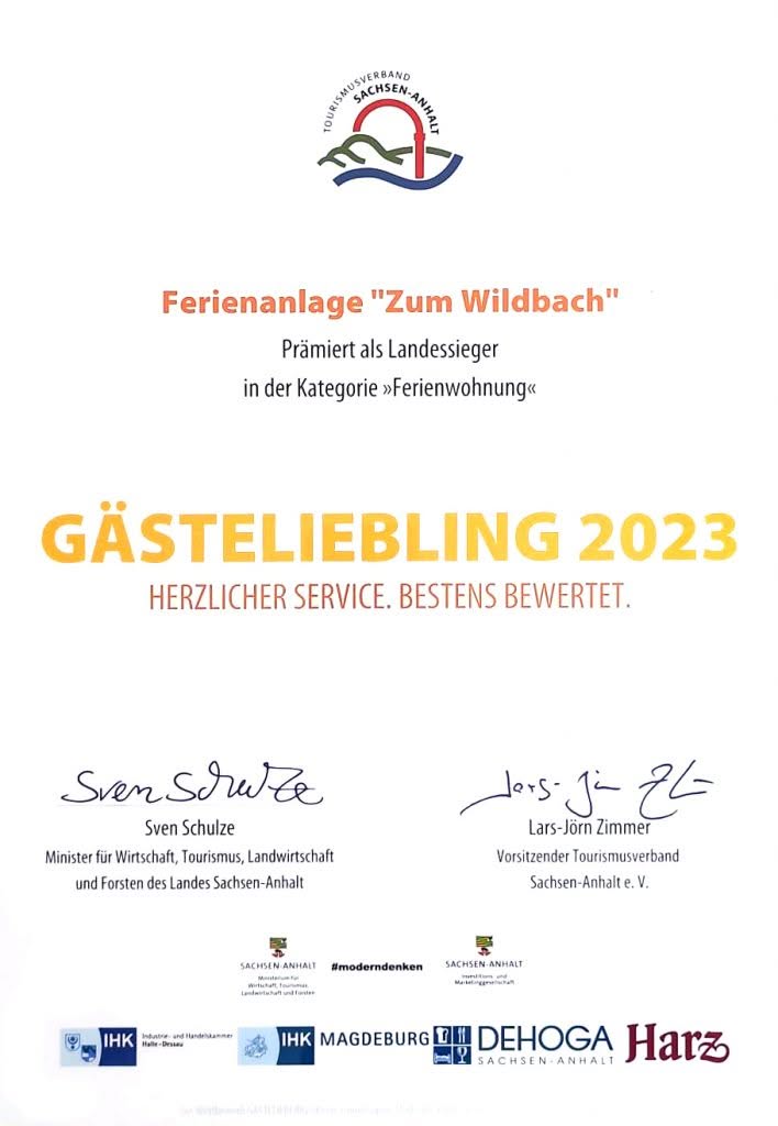 Auszeichnung Gästeliebling Sachsen-Anhalt Landessieger 2022
