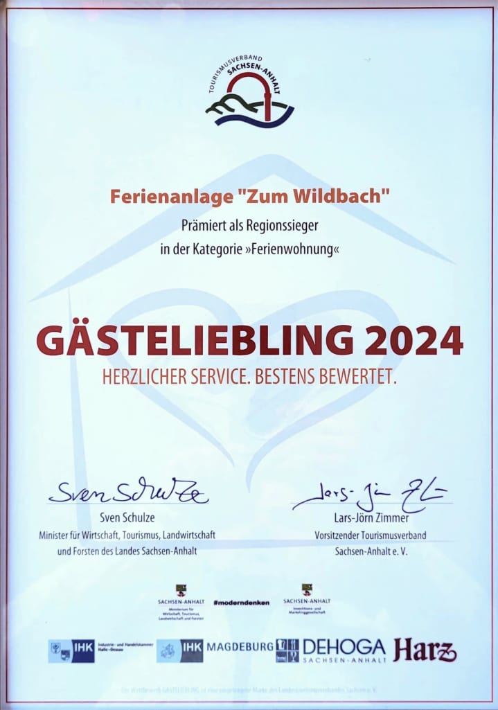 Certificaat voor Guest Favourite 2024, vakantiepark Zum Wildbach.
