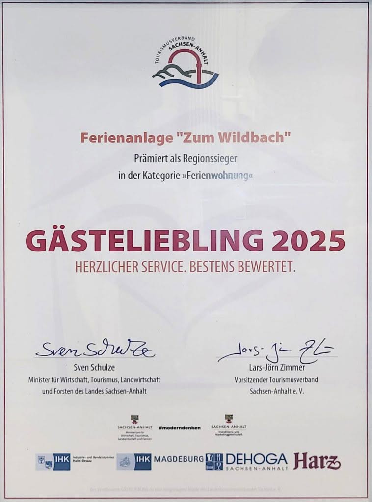 Preis für Ferienanlage 'Zum Wildbach' 2025 Regionalsieger Harz - Kategorie Ferienwohnung