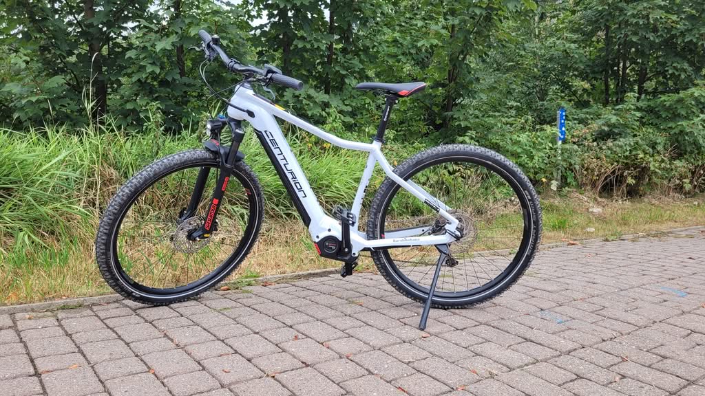 Weißes E-Mountainbike auf gepflastertem Weg im Grünen