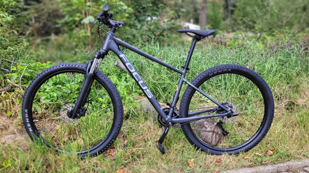 Schwarzes Mountainbike im Grünen auf Waldweg