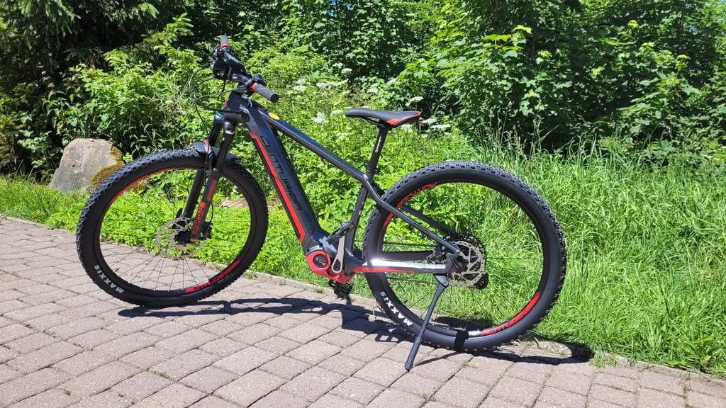 Schwarzes E-Mountainbike am Waldrand im Sonnenschein